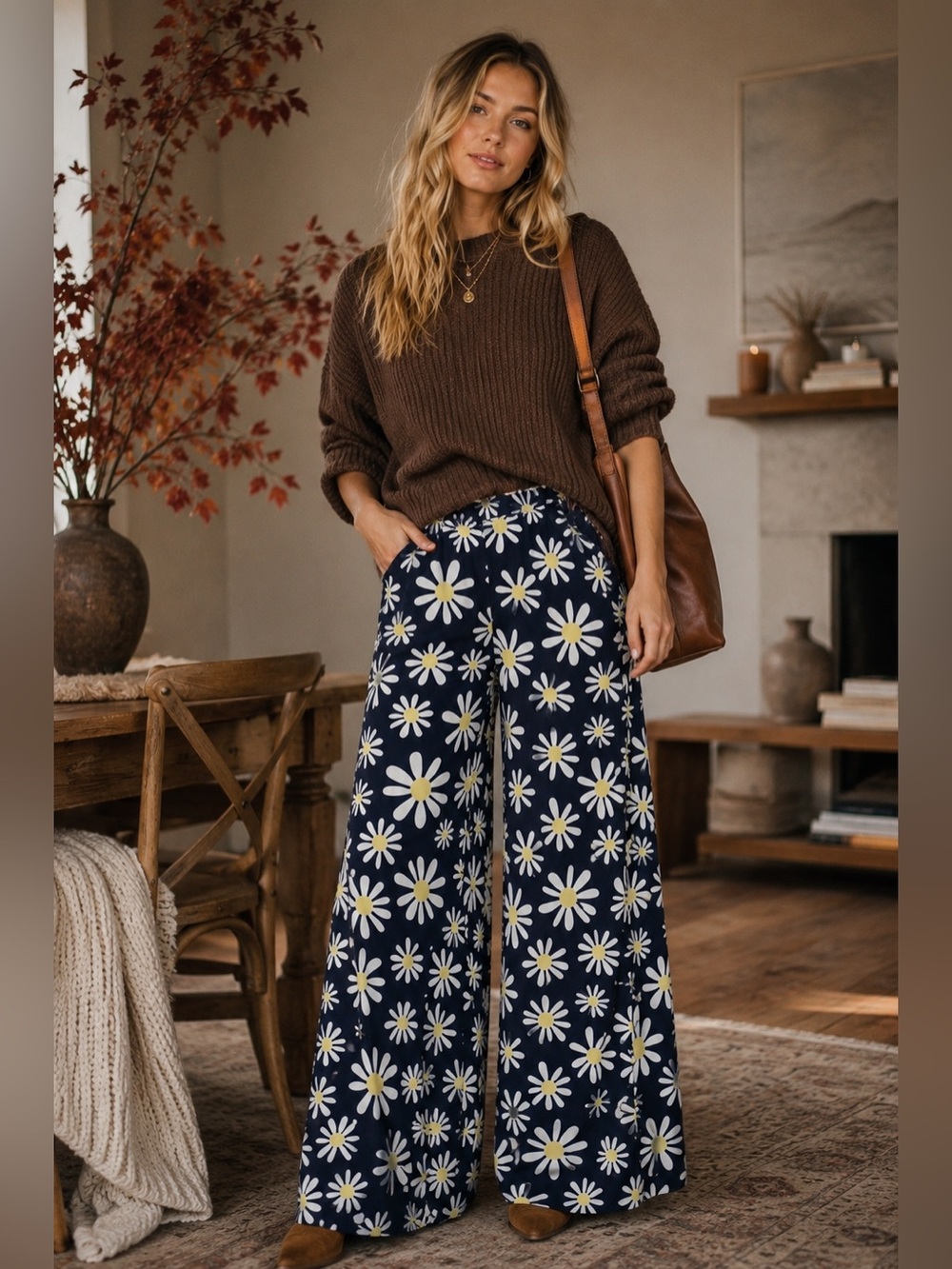 Cato High Rise Wide-Leg Daisy Print Palazzo Pants - Navy white Size Large Petite